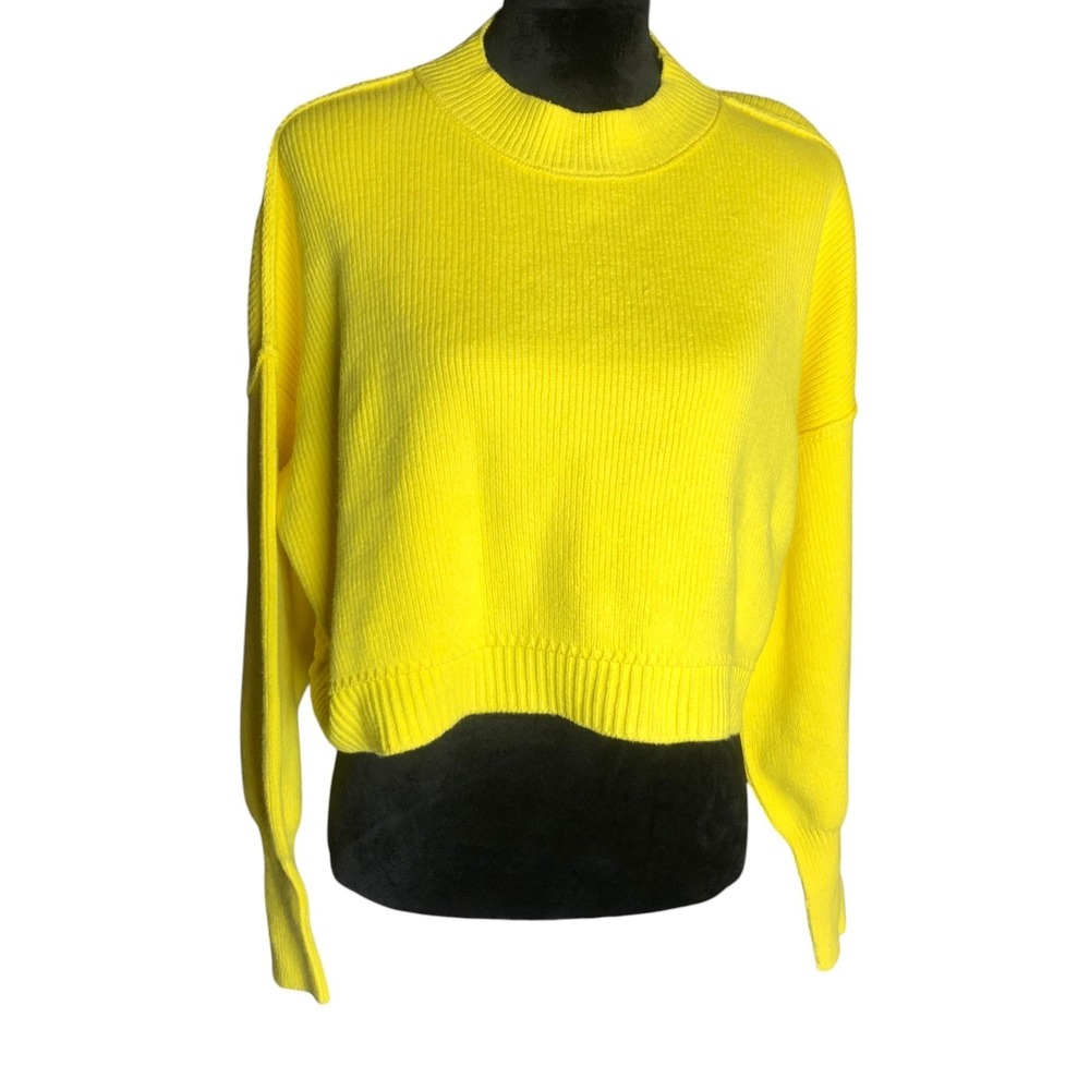 Free People Lemon Yellow Ribbed Cropped Mock Neck Oversized Boxy Sweater XS